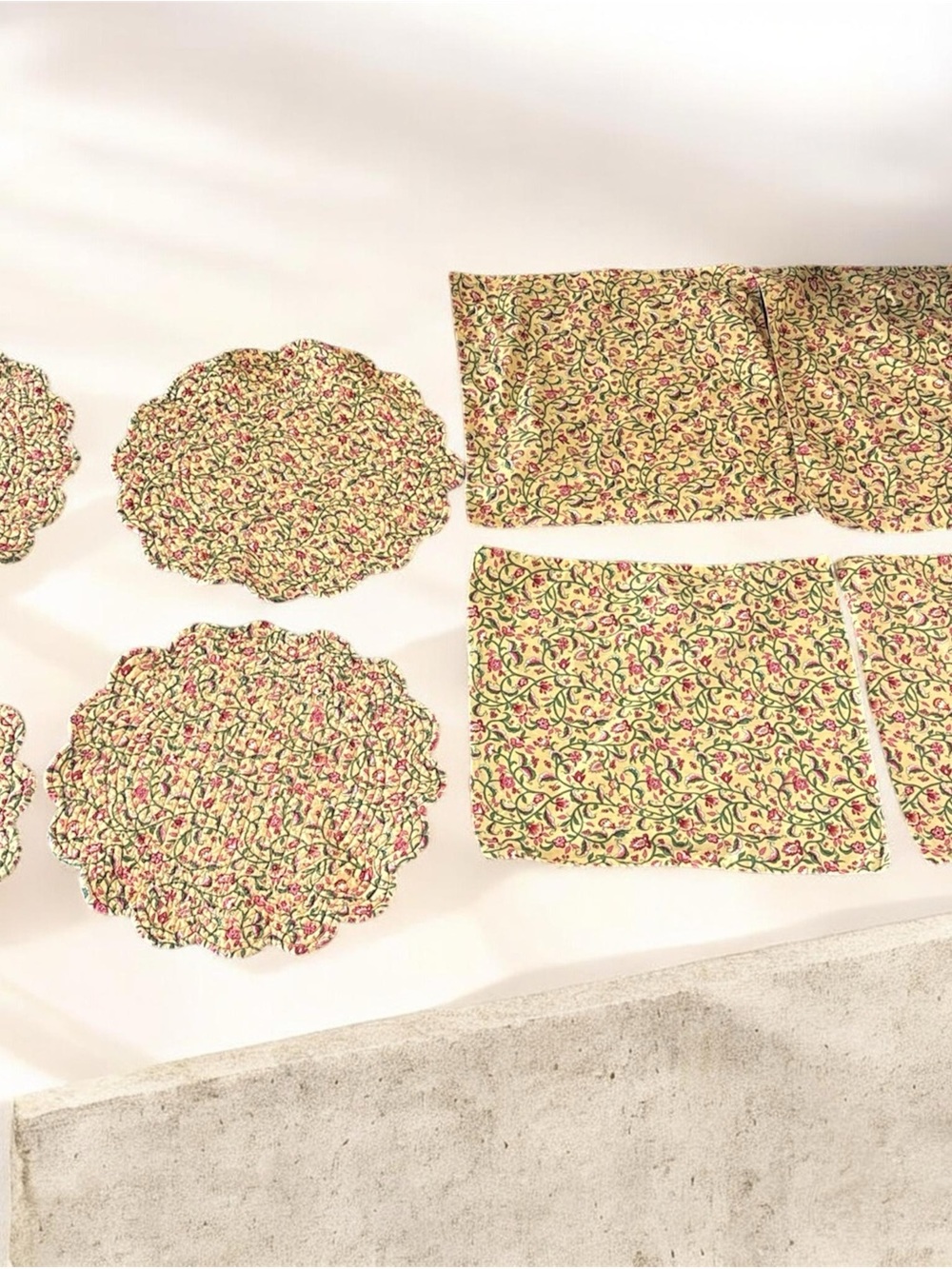 Unique Vintage Floral Yellow Cream Placemat and Napkin Set